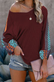 Burgundy Pattern Print Splicing Waffle Knit Blouse