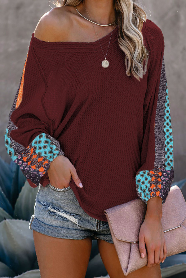Burgundy Pattern Print Splicing Waffle Knit Blouse