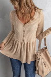 Buttoned V Neck Ruffle Waffle Long Sleeve Knit Top