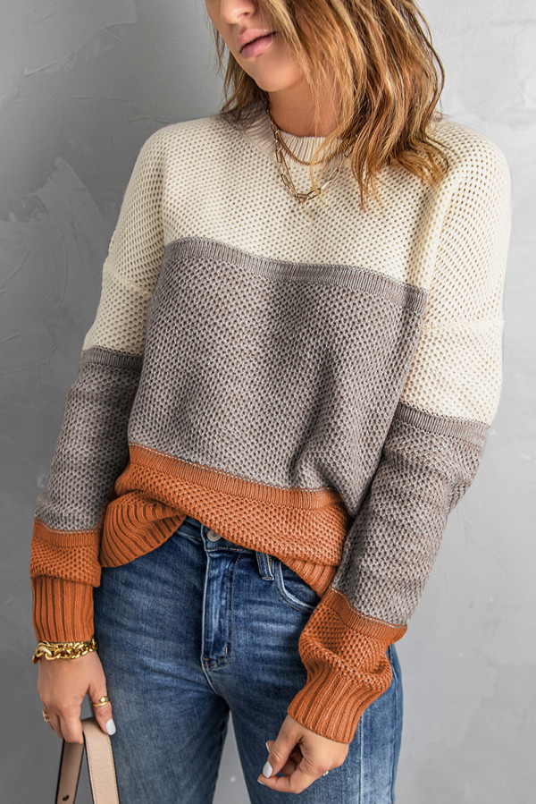 Yellow Color Block Netted Texture Pullover Sweater