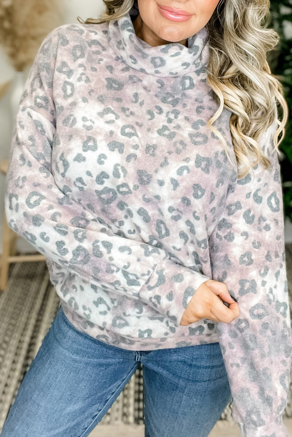 Leopard Print Brushed Fleece Cowl Neck Plus Size Top