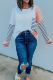 Colorblock Striped Splicing Waffle Knit Long Sleeve Top