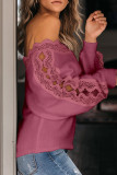 Pink Lace Splicing V Neck Pullover Sweater