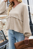 Khaki Lantern Sleeves V Neck Flowy Top
