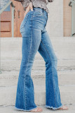 Sky Blue Seamed Raw Hem High Rise Flare Jeans