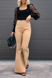 Rib Knitting Plain Slim Flare Pants