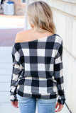 Monochrome Plaid Off Shoulder Textured Long Sleeve Top
