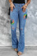 Sky Blue Tie Dye Sunflower Print Buttons Distressed Flare Jeans