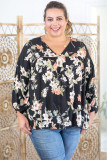 Black Floral Print V Neck Cut Out Plus Size Blouse