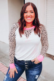 White Leopard Patchwork Long Sleeve Plus Size Top