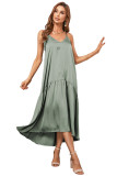 Green Spaghetti Strap Ruffled Satin Maxi Dress