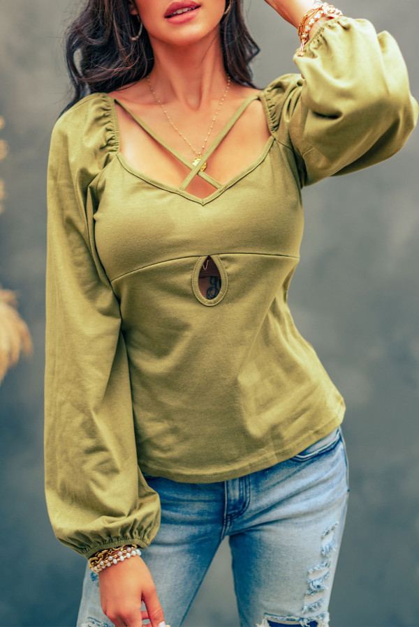 Green Cut Out Criss Cross Sweetheart Neck Long Sleeve Top