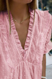 Pink Ruffled V Neck Frill Hem Swiss Dot Blouse