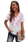White Floral Pattern V Neck Short Sleeve Top