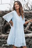 Sky Blue V Neck Tiered Babydoll Lace Dress