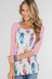 Pink Feather Print 3/4 Raglan Sleeve Top