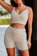 Beige Ribbed Knit Zip-up Crop Top and High Waist Shorts Set