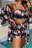 Floral Print Crop Top and Shorts and Cover Up 3pcs Set