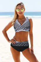 White Dot Print Wrap V Neck Lace-up Back Bikini