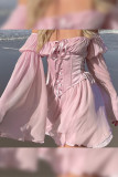 Plain Off Shoulder Chemise with Corset 2pcs Set
