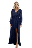 Blue Side Split Rhinestone V Neck Maxi Dress