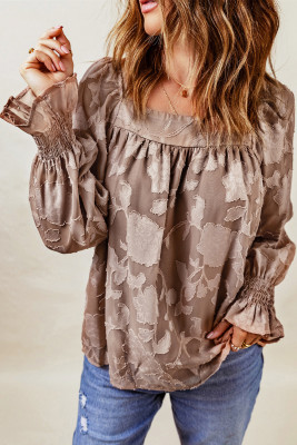 Khaki Square Neck Floral Textured Blouse