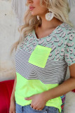 Leopard Splicing Striped Print Short Sleeve Pocket Patchwork Top Unishe Wholesale