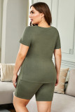 Green Plus Size V Neck T-shirt and Shorts Loungewear