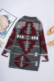 Gray Lapel Collar Geometric Print Knit Cardigan