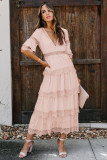 Pink Swiss Dot Print See-through Lace Patch Layered Long Dress