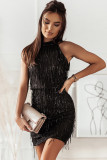 Black Sequined Fringed Mini Dress
