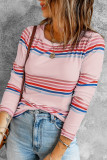 Pink Stripe Print Crew Neck Long Sleeve Top