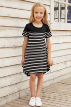 Black Colorblock Patchwork Striped Girls’ Dress