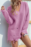 Ripped Raw Edge V Neck Plain Knit Sweaters