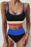 Blue Spaghetti Straps Colorblock Ribbed High Waist Bikini