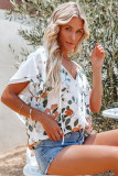 White Floral Print Buttons Tiered Ruffled Shot Sleeve Shirt