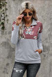 Floral Splice Grey Kangaroo Pocket Zip Collar Sweatshirt