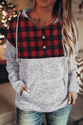 Red Plaid Splicing Pocketed Gray Hoodie