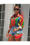 Red Sexy African Print Button Down Long Sleeve Collar Loose T-Shirt Blouse