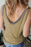 Khaki Solid Color Contrast V Neckline Tank Top
