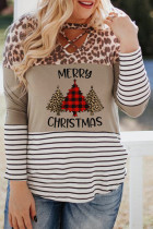 Christmas Letter Leopard Striped Color Block Top