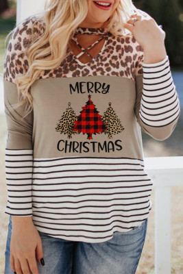Christmas Letter Leopard Striped Color Block Top