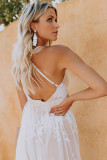 White Lace Contrast Backless Spaghetti Straps Maxi Dress