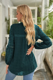 Green Ruffled Split Neck Lace Hollow Out Puff Sleeve Polka Dot Blouse