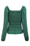 Green Square Neck Puff Sleeve Floral Smocked Top
