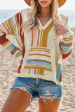 Orange Colorblock V Neck Pocket Long Sleeve Sweater