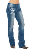 Cowboy Print Straight Wash Jeans Pants
