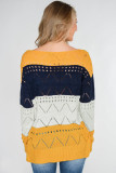 Yellow Round Neck Side Slit Pointelle Color Block Sweater