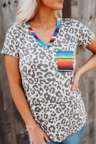 Contrast V Neck Serape Pocket Leopard Tee