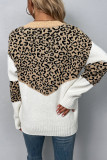 Leopard Splicing V Neck Long Sleeve Knit Sweater